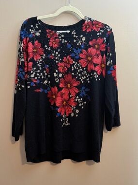 Cathy Daniels Black Sweater with Red and Blue Floral Detail